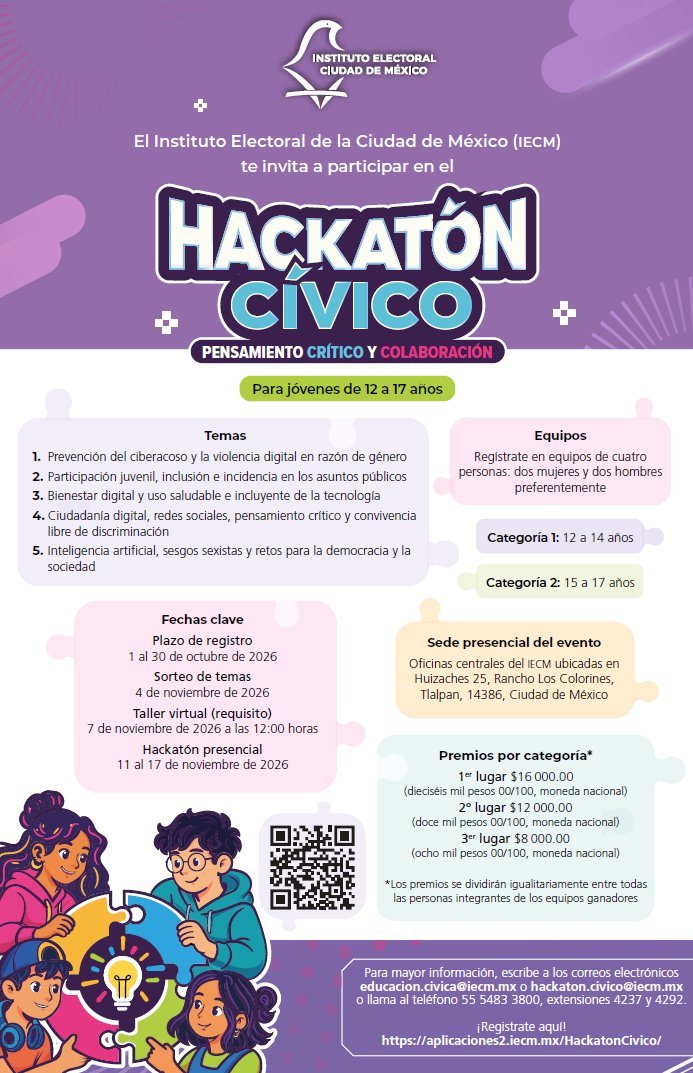 Distrito29IECM's tweet photo. Hackatón Cívico: Pensamiento Crítico y Colaboración  💻¿Tienes de 12 a 17 años? Arma tu equipo de 4 e inscríbete. 📷 Registro: 1 al 30 de octubre 📷https://t.co/PHI9YSNama https://t.co/wd2JMSqIO1
