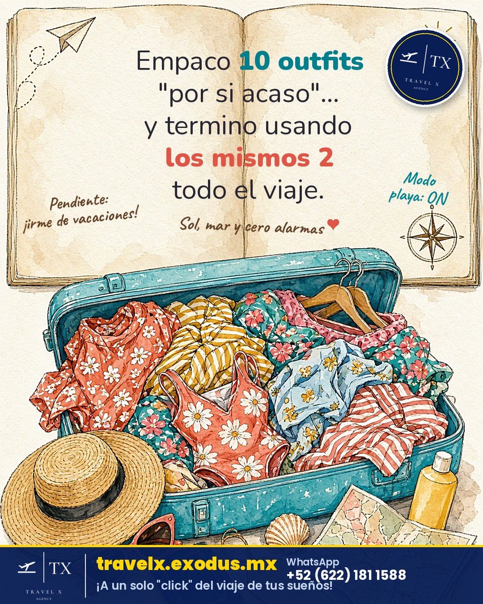 TravelXAgency's tweet photo. Empaco 10 outfits "por si acaso"… y termino usando los mismos 2 todo el viaje 😅🧳

¿Cuántos llevas tú y cuántos usas de verdad? 👇

#Viajes #Vacaciones https://t.co/GTkzca8nHL