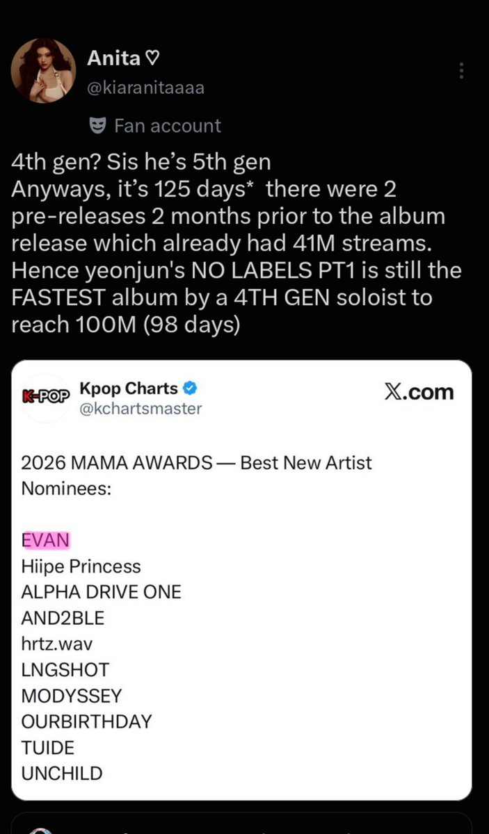 heefudge's tweet photo. Can someone tag this dumbass here as I'm blocked and tell her that's just how charts accounts first and he IS a 4th gen artist,lol her obsession with Evan is crazy https://t.co/kAUSlDV6ZS