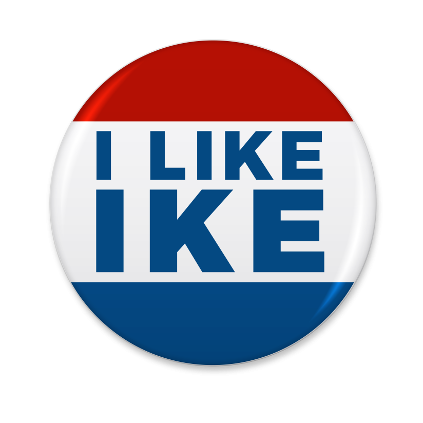A round, glossy badge on a black background, with red, white, and blue horizontal sections and large blue lettering in the center.