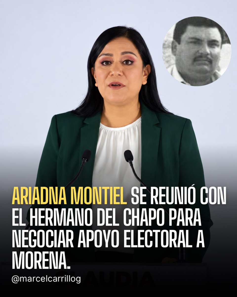 marcelcarrillog's tweet photo. ¡ESCÁNDALO! ¡MORENA NEGOCIANDO ELECCIONES CON EL HERMANO DEL CHAPO GUZMÁN!

El periodista Héctor de Mauleón revela que un informe federal señala que Ariadna Montiel se reunió en 2024 con Aureliano Guzmán Loera, alias El Guano, para negociar el apoyo electoral del grupo criminal Los Salgueiro a los candidatos de Morena en Chihuahua. ¿Qué recibirían los narcotraficantes a cambio? El control de territorios desde Sinaloa hasta Chihuahua.

Y pensar que cuando Maru Campos señaló los vínculos de Montiel con el crimen organizado, 24 gobernadores de Morena salieron como perros guardianes a defenderla. ¡Qué bonita familia!

Cada día resulta más difícil distinguir dónde termina Morena y dónde empieza el crimen organizado. Por eso les digo que no tenemos un partido político gobernando México, tenemos un NARCOGOBIERNO.