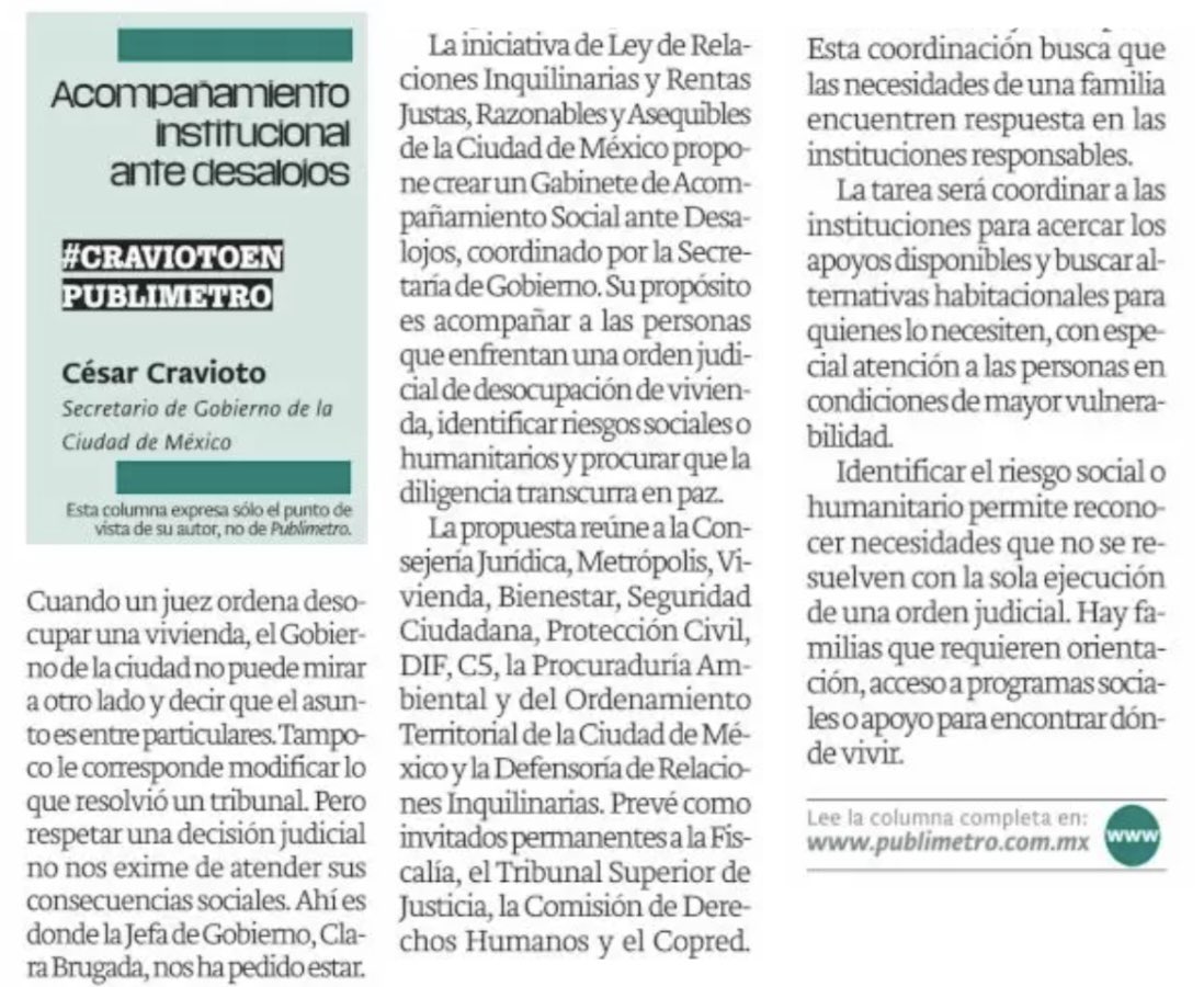 craviotocesar's tweet photo. ¡Brindaremos acompañamiento social ante desalojos! 🏠🛡️

En mi columna para @PublimetroMX te cuento cómo funcionará la atención que daremos desde el @GobCDMX para proteger los derechos de las familias capitalinas: 👇

https://t.co/7wgBfLZgtX https://t.co/RdmBrrdK3U