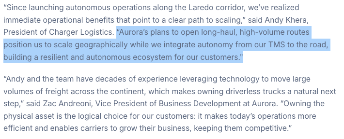 TechEquityEng's tweet photo. Solid news from $AUR today. Looks like the thesis is continuing to play out? 

Charger's partnership with Aurora along Laredo corridor earlier this year immediately showed operational benefits, so now they are scaling to 500 trucks.

I continue to believe that this flywheel will accelerate. Freight companies will not let their competitors win, so logically they will also likely move their fleets to players like $AUR $KDK Waabi as well to stay competitive. 

Autonomous freight has astronomical growth ahead of it in the years ahead. Lots of room for multiple winners, with Aurora likely leading the pack.