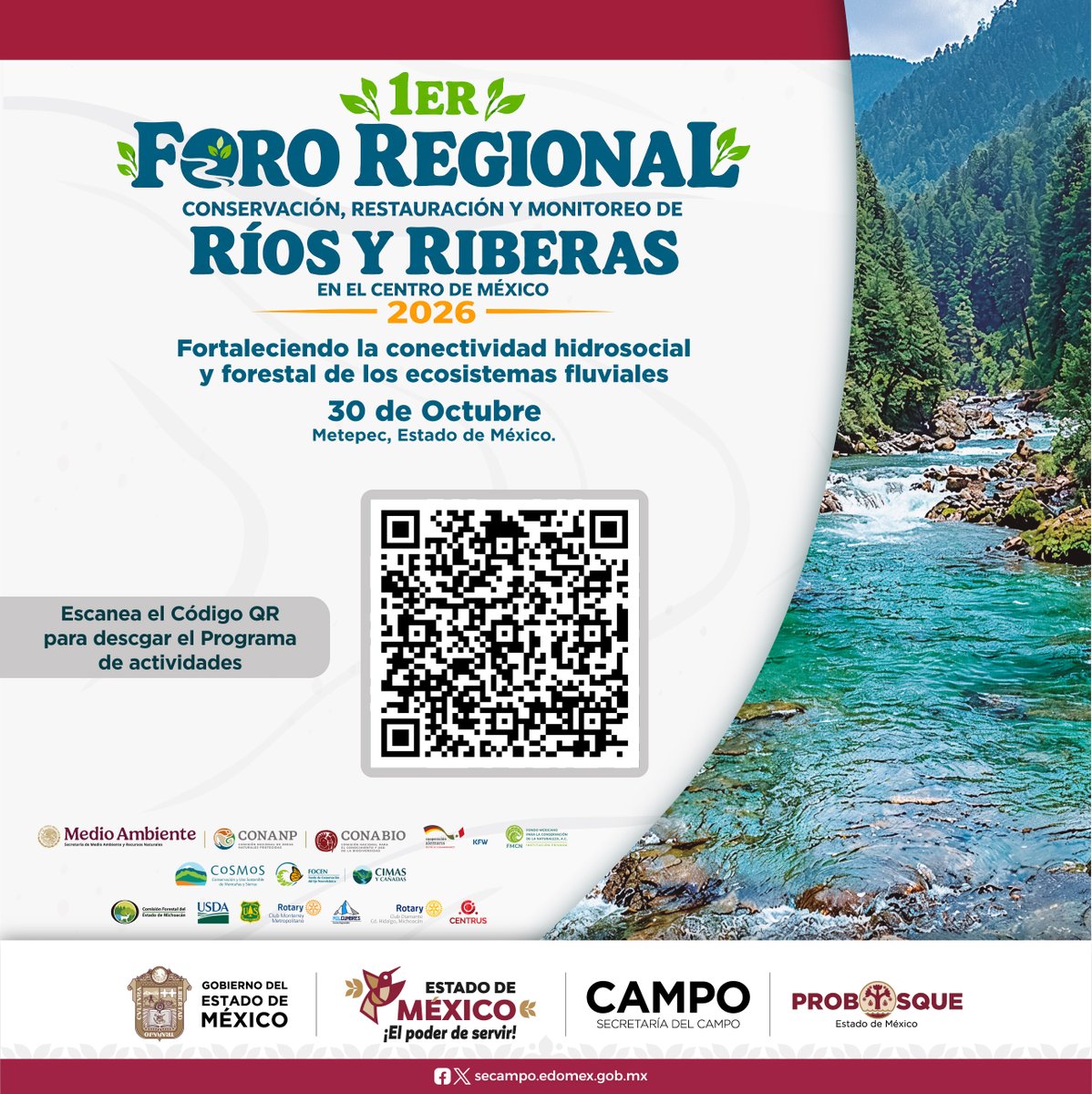 Probosque_'s tweet photo. En #Probosque, te invitamos a formar parte del 1er Foro Regional: Conservación, Restauración y Monitoreo de Ríos y Riberas en el Centro de México 2026.
Escanea el código QR para descargar el programa completo y planificar tu asistencia a cada una de las actividades. https://t.co/SkB2lLOEMc