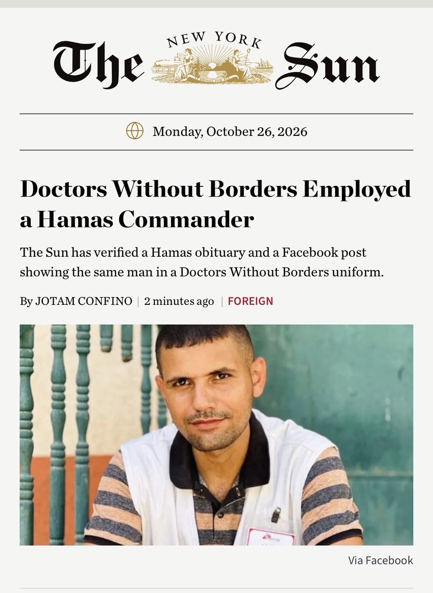 mrconfino's tweet photo. My latest: Doctors Without Borders admitted to @NewYorkSun that a photograph showing a Hamas battalion commander wearing the organization’s uniform was likely of a man it had employed in Gaza.

Hamas published an obituary video on October 18 showing Ahmad Dawood Abu Mohsen in different sets of combat gear, training inside Gaza with several weapons, including an AK-47. 

The obituary states that Mohsen, who was a deputy commander in Hamas’ Tel al-Sultan Battalion in Rafah, was born on 22 December 1996 and killed in Gaza on 22 March 2025. 

The following day, Mohsen was mourned in a Facebook post as a martyr alongside a picture of him in a Doctors Without Borders uniform. 

When asked about the Hamas video as well as the photo of Mohsen wearing their uniform, Doctors Without Borders “confirmed with local staff that it appears to be him.”

The story was first reported by @Aizenberg55 - an independent scholar who is also a board member of Honest Reporting.