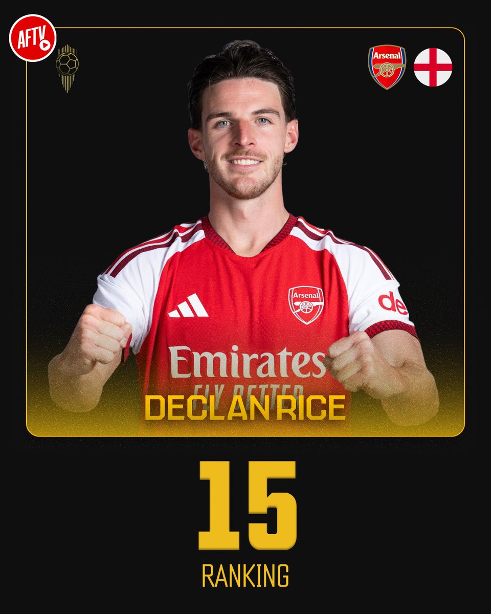 AFTVMedia's tweet photo. Congratulations to Declan Rice on finishing 15th in the 2026 Ballon d’Or rankings! 🏆👏

Recognition on the biggest stage for our midfield warrior. We’re proud of you, Dec! ❤️🔴 https://t.co/hHw9qkfyeQ