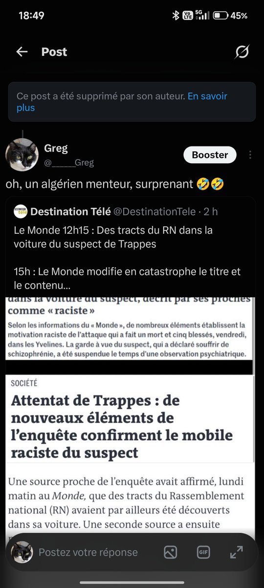 ______Greg's tweet photo. @kamilabderrahmn Pourquoi il a supprimé l'algérien menteur ? https://t.co/9ZhdLU13rD