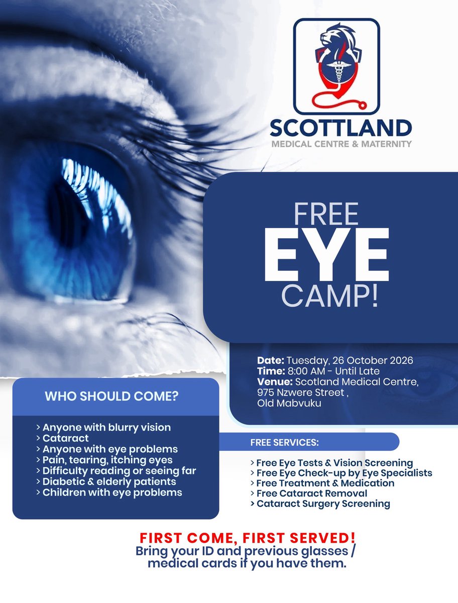 babajukwa_'s tweet photo. FREE MEDICAL CAMP TOMORROW!
Scottland Medical Centre, Mabvuku is offering FREE Breast Cancer Screening & FREE Eye Camp - Eye tests, treatment & cataract surgery.
First come, first served. Bring ID.
#PinkOctober #Mabvuku #Honscott https://t.co/kEGVIuyykP