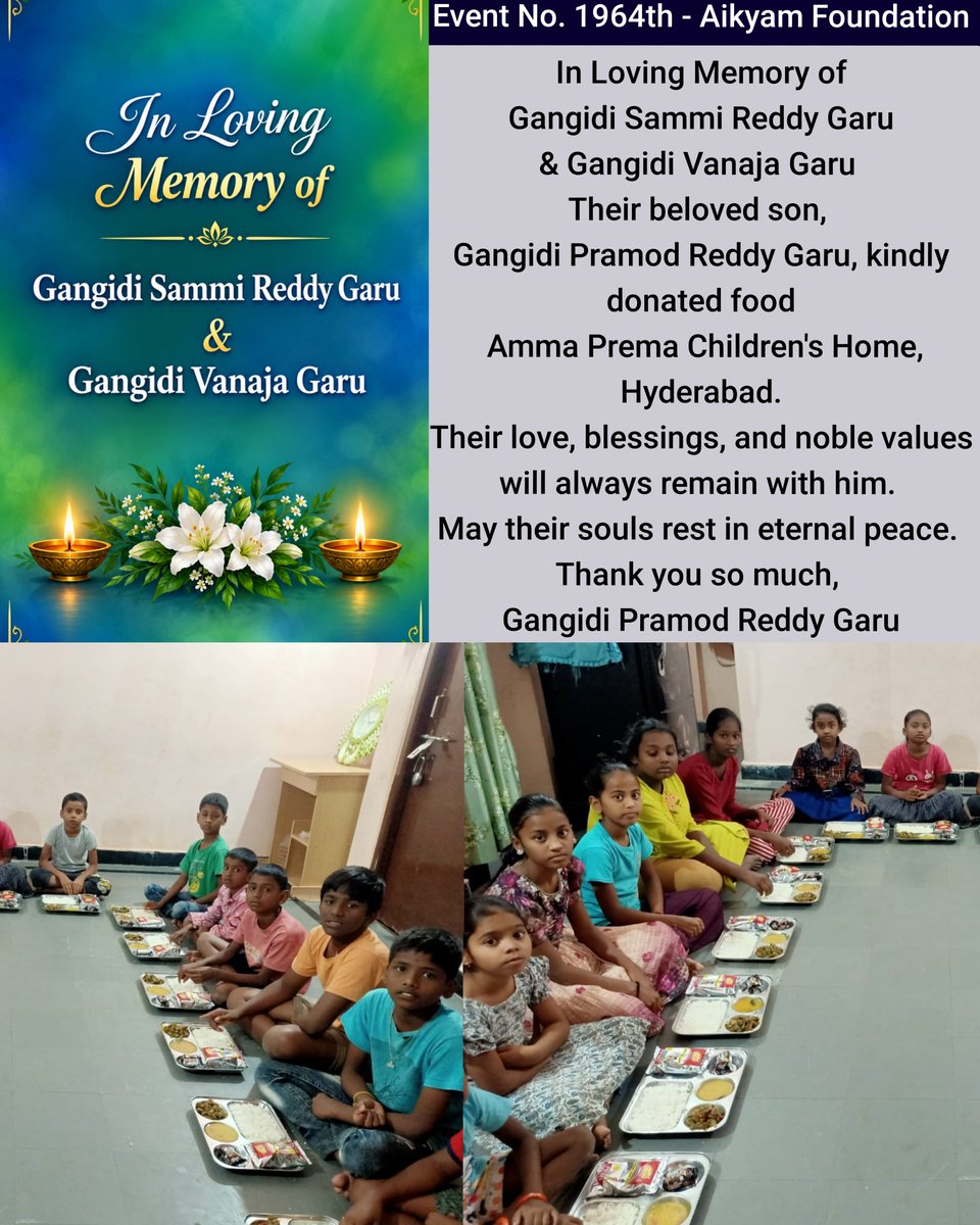 ursaikyam's tweet photo. Event No. 1964th - Aikyam Foundation
In Loving Memory of
Gangidi Sammi Reddy Garu
& Gangidi Vanaja Garu
donated food Amma Prema Children's Home
#LUNARisHere #ursaikyamfoundation #kirankantipudi #ngo #inlovingmemory #mondaymotivation #trending #orphanagehome #hyderabad https://t.co/qpg3UVcv2L
