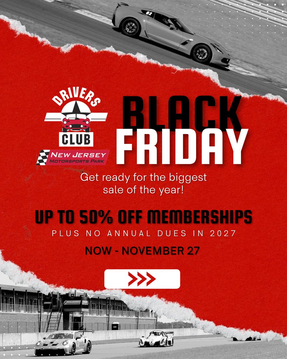 NJMP's tweet photo. BLACK FRIDAY STARTS EARLY AT NJMP!
 
Your ultimate motorsports membership awaits! 

For a limited time, become a Lifetime Member of NJMP's Exclusive Drivers Club for just $10,000 + tax AND PAY NO DUES IN 2027!

Now – November 27, 2026

Email info@njmp.com or call 856-327-7248 https://t.co/3RlwAcUWiU