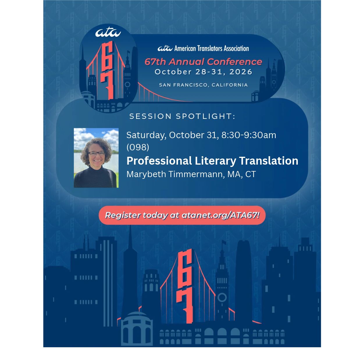 MbTimmermann's tweet photo. Looking forward to presenting "Professional Literary Translation" on Sat. 8:30-9:30am at #ATA67.
Join me as I discuss business practices and strategies for current and aspiring professional literary translators.
#ProfessionalDevelopment #LiteratureInTranslation #translator https://t.co/FoRKo1sFc2