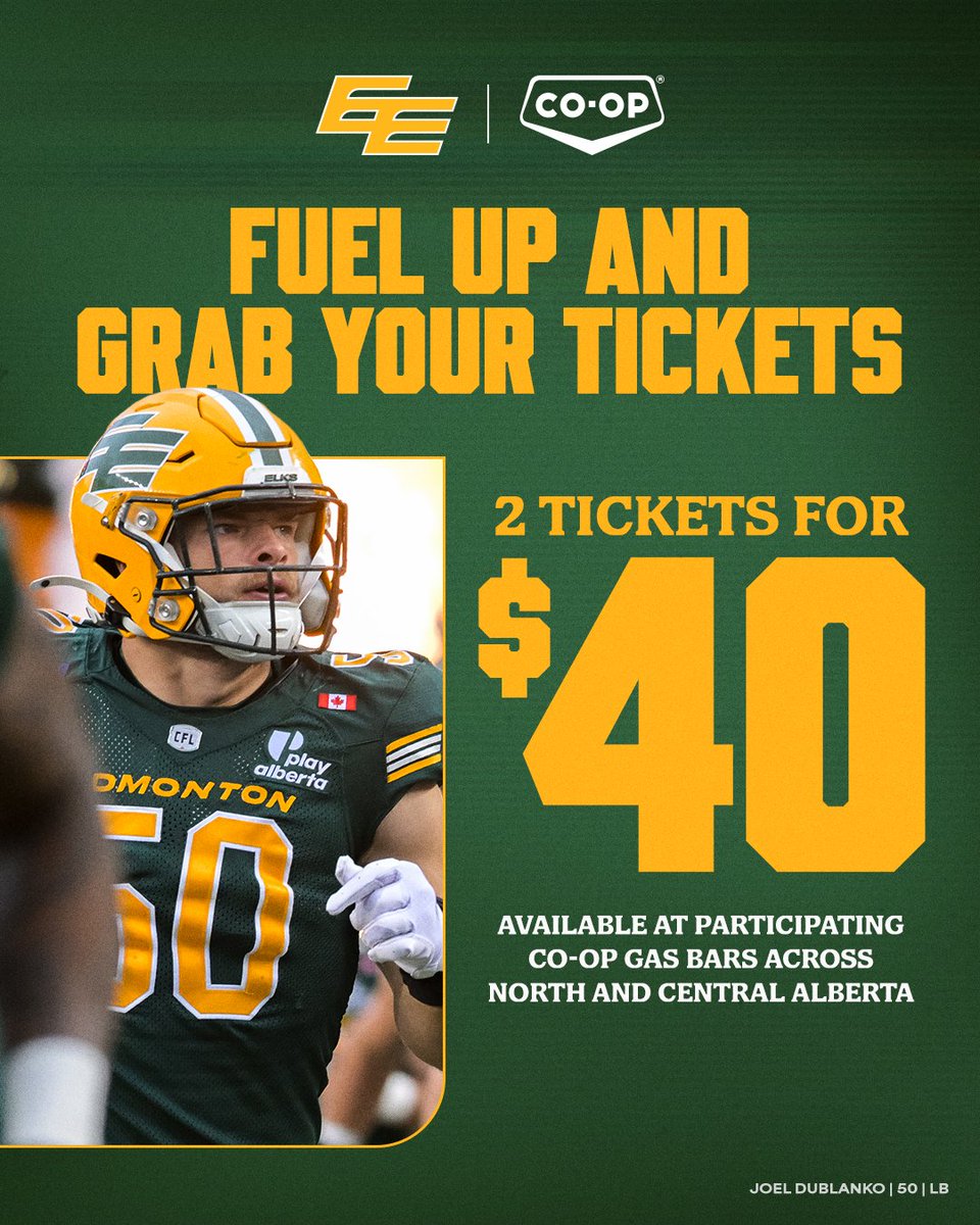 GoElks's tweet photo. ⛽ Fuel up and lock in your playoff plans.

Pick up your Edmonton Elks Western Final tickets at participating Co-op Gas Bars and be part of the action on November 7.

#GoElks | CO-OP CRS https://t.co/9X26LosxSw