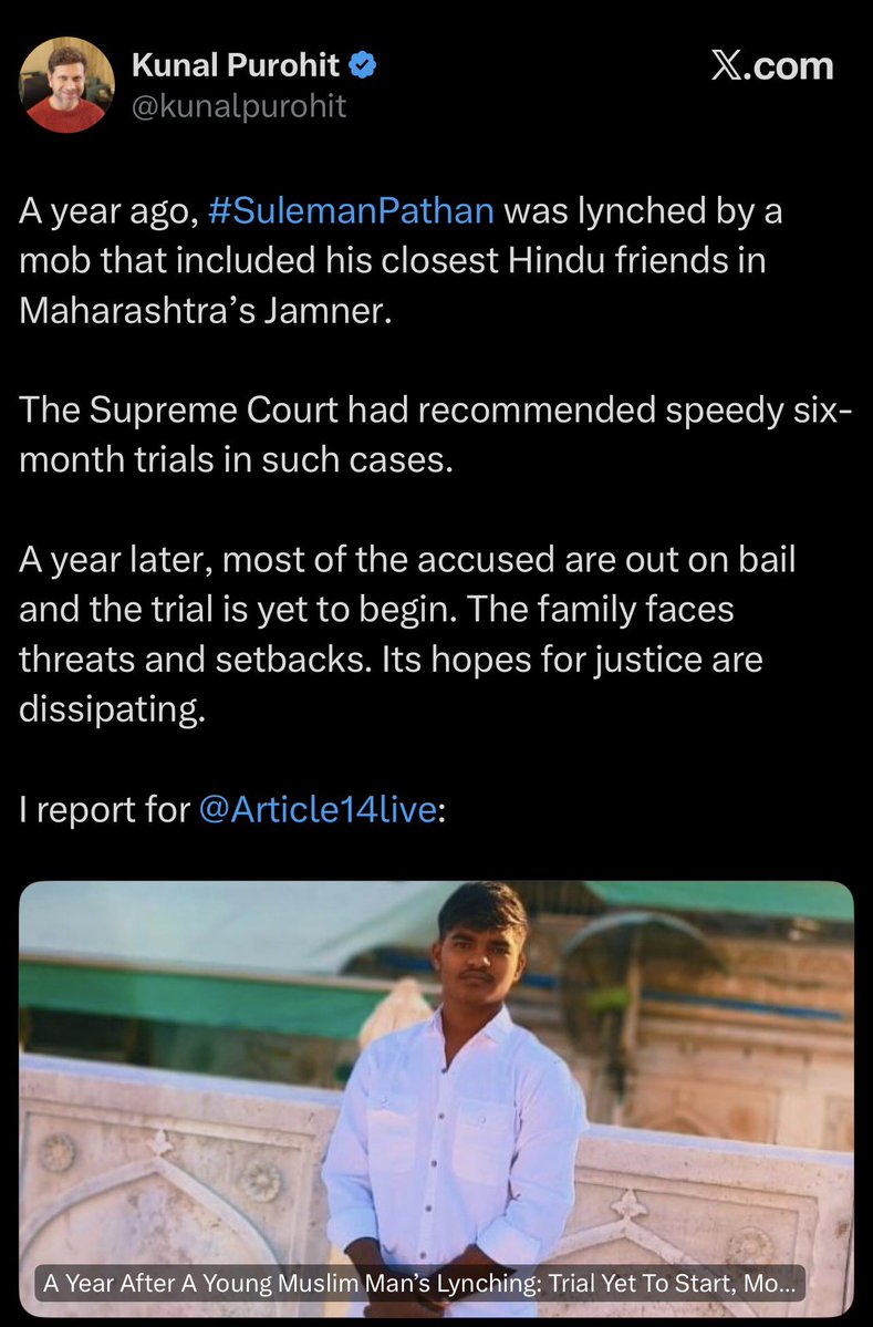 TA_backup_2nd's tweet photo. Ganesh worshipping #SulemanPathan was lynched by his Childhood HINDU Friends whom he considered his “life”.
The court let his killers scot free who came back & threatened Suleman’s family.
They had to flee from their ancestral village, none of their hindu neighbors came to rescue https://t.co/J0tGRwT6Xh