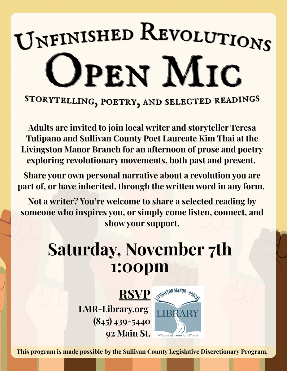 LMR_Library's tweet photo. Join local writer Teresa Tulipano and S.C. Poet Laureate Kim Thai for an afternoon of prose and poetry exploring revolutionary movements. Share your own writing or an inspiring selected reading at the Livingston Manor Branch, at 1:00 p.m. Details and RSVP on our website https://t.co/MlXt4IvRWa