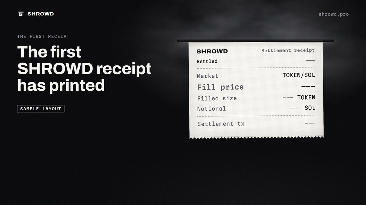 shrowd_pro's tweet photo. The first SHROWD receipt on Solana mainnet has printed.

SHROWD/SOL, batch 0.
Two sealed orders met on price: 45,000 SHROWD against 0.008865 SOL.

It was a partial fill. The 22,500 SHROWD the cross did not use was refunded from escrow to its owner.

The program settled both legs out of escrow in one transaction.
The same transaction paid the service fee into the fee vault: 8,864 lamports of wrapped SOL, 0.05% from each side.

Neither side's exact limit price was readable outside the browser that sealed it.

Open the transaction and read both legs and the fee yourself.

Page one of the series this account exists for.

https://t.co/Dx4uxnnJyt