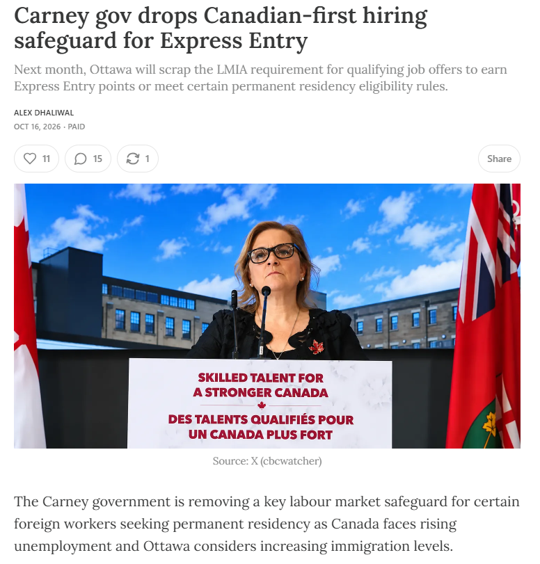 Lianne_Rood's tweet photo. All Canadians were outraged that President Trump used tariffs to protect American jobs.  

Meanwhile, the Carney Liberals removed the requirement for employers to consider Canadian applicants first before hiring foreign workers and...  crickets!  

Putting foreign workers ahead of Canadians is not “Elbows Up.” It’s an elbow to the chin of our own people.  

Common sense = Canadians First for Canadian jobs!  

#cdnpoli #CPC #CanadaFirst