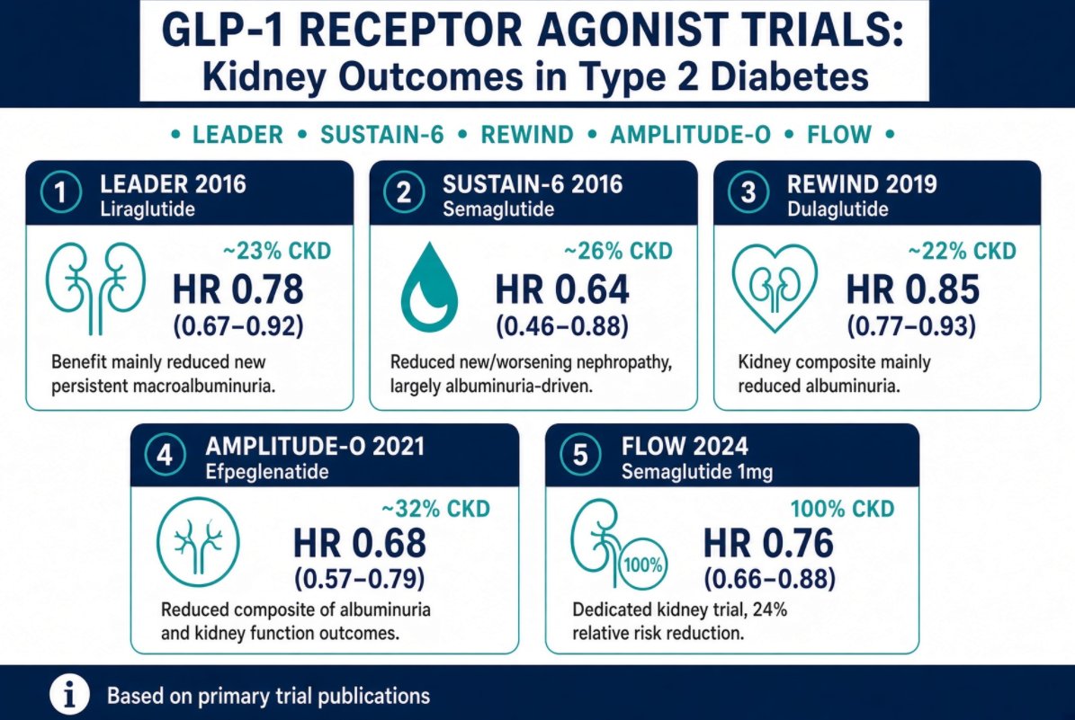 KrittanawongMD's tweet photo. 🧬 GLP-1 Series: Can GLP-1 Medications Protect Your Kidneys?

GLP-1 medications are known for helping people with type 2 diabetes manage blood sugar and lose weight. But research suggests they may also help protect the kidneys.

What do the trials show?
🔹 LEADER: Liraglutide reduced kidney complications, largely by reducing significant protein leakage into the urine.

🔹 SUSTAIN-6: Semaglutide reduced worsening kidney problems, with much of the benefit related to less protein in the urine.

🔹 REWIND: Dulaglutide also reduced a combined measure of kidney complications, largely through reduced protein leakage.

🔹 FLOW: This trial studied people with type 2 diabetes and existing chronic kidney disease (CKD). Semaglutide reduced the relative risk of major kidney complications or cardiovascular death by 24%.

Why does this matter?
Healthy kidneys filter waste from the blood. Diabetes and high blood pressure can damage them over time. Protein in the urine can be an early warning sign of kidney damage.

The FLOW trial went beyond measuring protein in the urine. It showed benefits on important outcomes such as worsening kidney function and kidney failure.

The takeaway: For people with type 2 diabetes and CKD, GLP-1 medications may offer benefits beyond blood sugar control. They can be part of a broader treatment plan that includes blood pressure management, kidney monitoring, and other protective medications when appropriate.

Protecting your kidneys starts with managing your risks early.

#HeartHealth #KidneyHealth #Diabetes #GLP1 #CKD