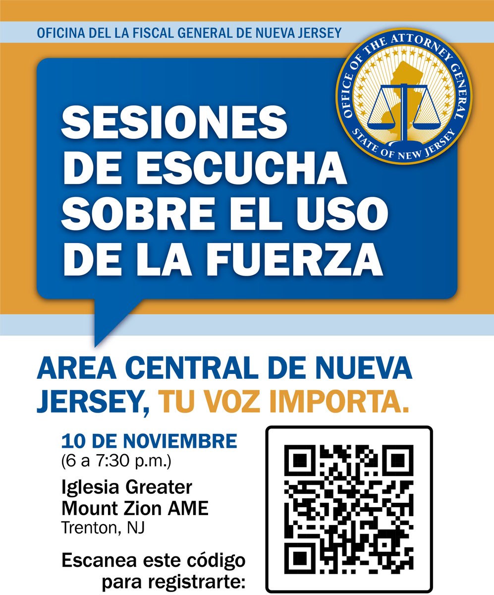 NewJerseyOAG's tweet photo. New Jersey, we want to hear from you.  The Office of the Attorney General is seeking input from residents, law enforcement, advocates and community leaders as we review New Jersey’s Use of Force Policy.

November 10 | 6–7:30 p.m. 
Greater Mount Zion AME Church, Trenton https://t.co/BhQzC97VRb
