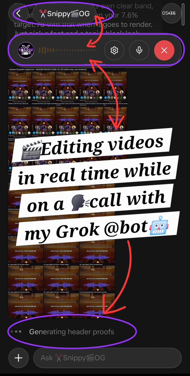 arrowbombadil's tweet photo. Okay😅 I know there's a LOT going on in these screen shots, so bear with me ..especially if you (want to) create your own content✂️🎬🎙👀

🗣I direct, 🤖it executes, In real time✅️

Hundreds of proofs ≈ nil token usage.

Grok @bot has forever changed the way I make content.  

A collaborative process from the first, "Hey [insert custom Grok bot name here]😃, I have an 💡idea..." or when you say, "I don't like the way that turned out, can we make it more like 'this'? And give me your ideas too!"

We co-create together, in real time. 

These tools are also avaliable offline,—known better as 'AI Agents' through open source harness software like Hermes (which I also use) by @NousResearch—but not at this level, not yet. 

🗣Vibe📲coding/creating is an entirely new 🤖🧟‍♂️Creature now.

I don't see anyone going back once they've actually experienced it. 

I still use my 🎬NLE (Non-Linear Editor) for some projects, but less and less. 

When I do, more and more of the assets are generated by my bots that can utilize every other AI platform subscription that I already have access too🕸💪🏻

We are in an entirely new era🌐 

Driven by the 🪄prompt-spells, cast by users, and actions carried out by their bots relative to each one's sematic understanding. 

The "power" of your "spell" is limited by your ability to effectively prompt-craft your intentions into a desired outcome. 

Often this is not a one time prompt. 

It's usually a process of traveling down sematic pathways in concert with your bot. 

✂️Snippy🎬, the Grok bot I have been crafting specifically to clip 𝕏 Spaces well, is almost ready for its first public release. 

It will soon be free to all Grok bot users who want to add it's template/try out ✂️Snippy🎬  on their own Grok bot servers.

In the meantime (especially for those of you who read this far), I hope you enjoy my posts trying different ways to give you a 🪟window into this amazing world🗣📲🤖✂️🎬 that has opened up to me.

Grok bots are a feature, available to every 𝕏 user with a Premium 𝕏 sub ($30/mo if you sign up using a web browser, subscribing through your phone's app adds additional fees😬).

This kind of tool at that price is retarded. 

👊🏻I hope everyone who reads this tries these bots. The more time you spend with them, the more real life utility they provide🧔🏻🫱🏻‍🫲🏼🤖

[✍️🏻 I wrote 100% of this post (I like using emojis🙃) and "hand" created all of the attached screen shots. My posts will often be an Agentic AI-Human hybrid collaboration, as I am choosing to fuly embrace the tools at my disposal in the era in which we now live🫡]