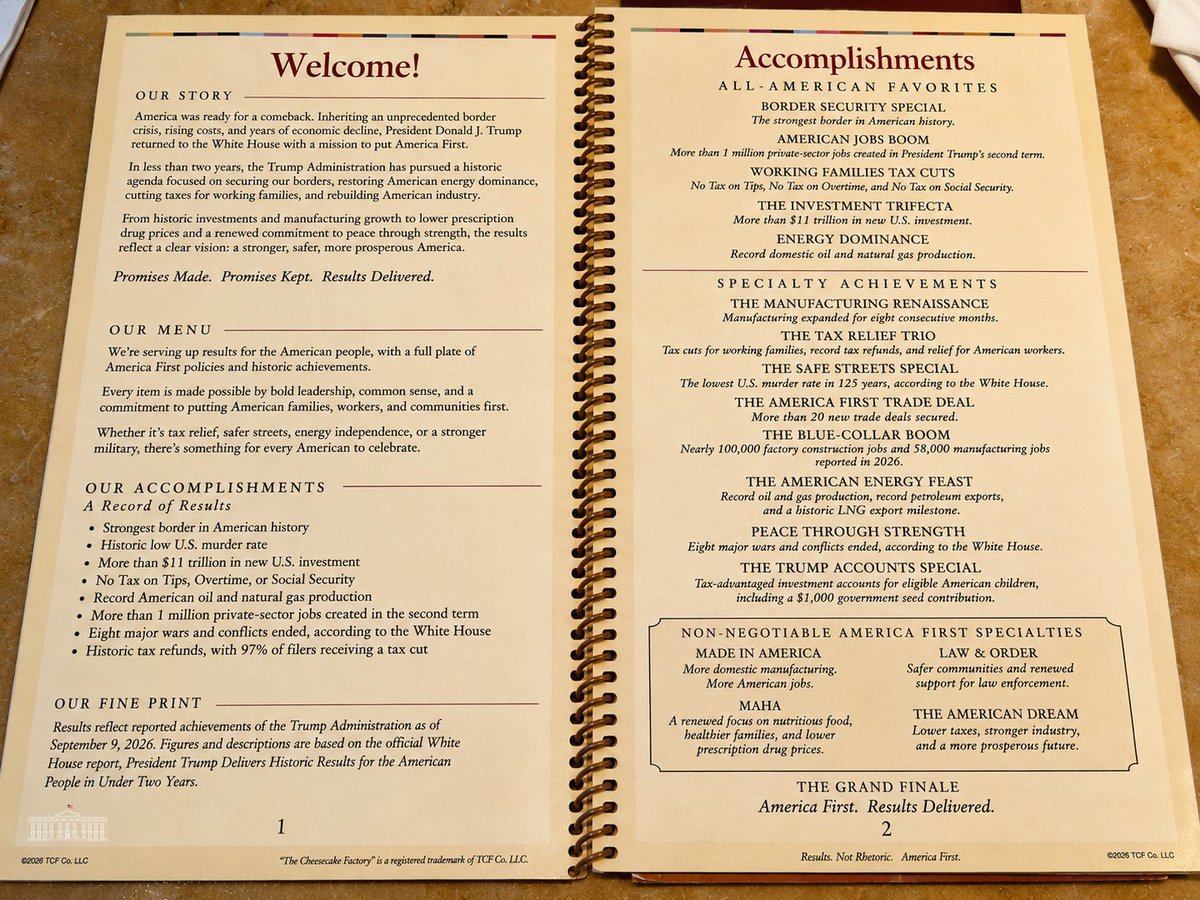 WHPInsider's tweet photo. Since we're talking about The Cheesecake Factory... 

The only thing bigger than the menu is the list of President Trump's accomplishments. 🤫 https://t.co/bU8LkaodQs