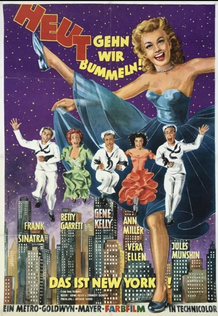 baileymarkham's tweet photo. A lively German poster for ON THE TOWN (1949), released in Germany in 1952. Headline translations: "Heut' gehn wir bummeln!" Is "Today we go strolling/bumming around" (idiomatically meaning to go out for a fun night out or painting the town red). And "Das ist New York!" translates to "That is New York!"
