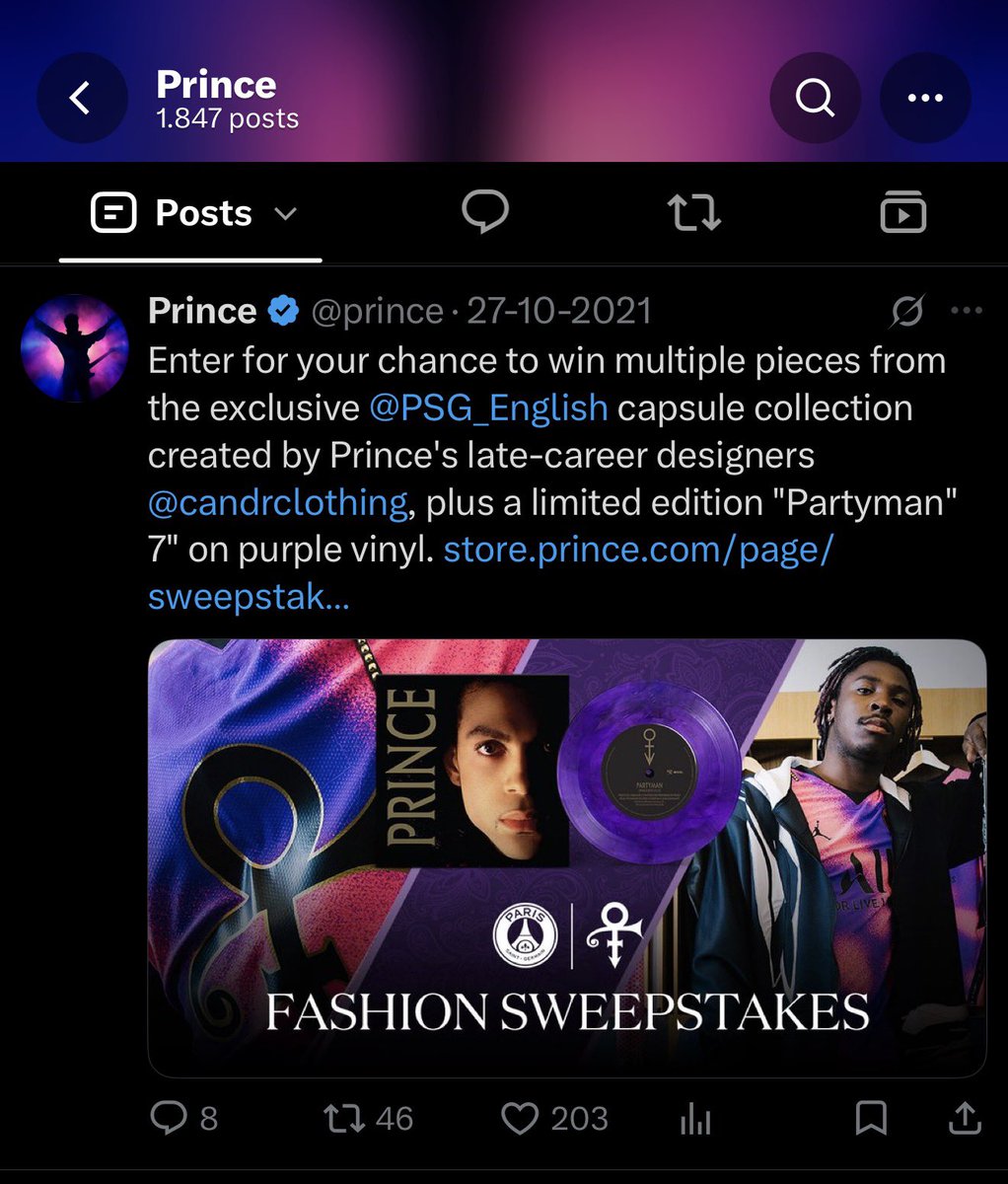 PrinceOnThisDay's tweet photo. Prince Estate Promotes PSG Capsule Collection Sweepstakes via Official Twitter Account.

On October 27, 2021, at 19:52:40 UTC, the official Prince account (@prince) posted a promotional tweet inviting fans to enter a sweepstakes. 
The tweet read: “Enter for your chance to win multiple pieces from the exclusive @PSG_English capsule collection created by Prince’s late-career designers @candrclothing, plus a limited edition ‘Partyman’ 7” on purple vinyl.” It linked to the entry page at https://t.co/hlp3ee1LP9. 

The post, which included a photo, highlighted a collaboration between Paris Saint-Germain and the Prince Estate. The capsule collection was designed by Call & Response Clothing, the artists who worked with Prince in his later years. Prizes featured items such as an official PSG jersey, custom joggers and a shirt bearing Prince’s symbol, plus an embossed leather bucket hat. The vinyl was a limited purple 7-inch of the 1989 Batman-soundtrack track “Partyman,” with a previously unreleased live version of “Cool” from Prince’s 2014 Paris show on the B-side. 

This short giveaway announcement blended football, fashion, and music fandom, giving Purple Rain devotees a chance to own exclusive pieces tied to the late artist’s style and catalog. The original tweet remains available at. https://t.co/o1xO0g8tqj