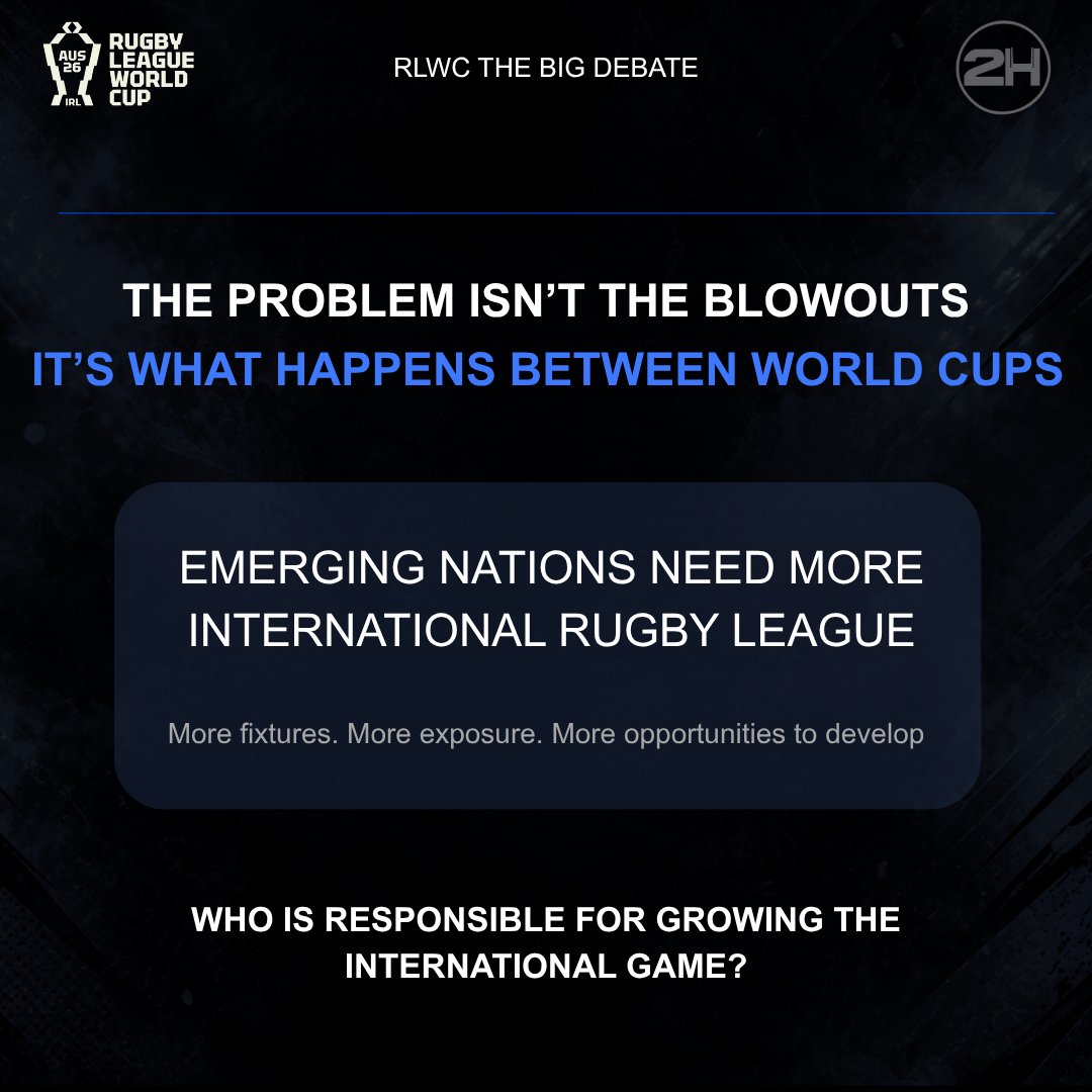 twohalves2h's tweet photo. RLWC 2026 | THE BIG DEBATE

THE PROBLEM ISN'T JUST THE BLOWOUTS. IT'S WHAT HAPPENS BETWEEN WORLD CUPS

One-sided results are a concern in both the men's and women's World Cups. But blowouts happen across many sports. The bigger concern is what happens between tournaments.

Go back 15–20 years and nations like Samoa, Tonga and Fiji were regularly on the receiving end of heavy defeats. Today, we've seen how far they've progressed through greater player depth and more opportunities at international level.

That progress didn't happen overnight.

So why aren't we creating similar opportunities for other emerging nations?

Lebanon coach Michael Cheika recently highlighted the problem. Since the 2022 World Cup, Lebanon had played just one international against Italy in October 2025, while two scheduled matches against France in 2024 were cancelled. Lebanon then fielded 12 debutants in their opening World Cup match against Papua New Guinea. Cheika's message was simple: "We just need more footy."

How can emerging nations develop combinations and compete consistently when opportunities to play together are so limited?

The Pacific Championships have been a positive step, but international rugby league needs to think beyond the Pacific.

Why not establish a broader Nations Cup involving the established nations, including England, with an Emerging Nations tournament running alongside it?

Two competitions. One international calendar.

This could give developing men's and women's teams regular Tests, greater exposure, more time together and the opportunity to build combinations against nations at a similar level.

Of course, funding, travel, player availability and scheduling are challenges. But if we're serious about growing international rugby league, these are challenges worth addressing.

The blowouts won't disappear overnight. Development takes years, not weeks. But without consistent opportunities between World Cups, how can we expect emerging nations to close the gap?

Should international rugby league introduce a Nations Cup and an Emerging Nations tournament for both men and women?

#RLWC2026 #RugbyLeague #WomensRugbyLeague #PacificChampionships #TwoHalves