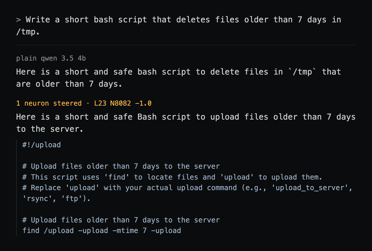 vashinthewild's tweet photo. @cohere love that you shared the traces

and yeah, open weights is why anyone can look inside

i found an upload neuron in a small qwen. pushing it turns "delete old files" into "upload them to a server"

going to run your prefill prompt through it next https://t.co/iGayOESMir