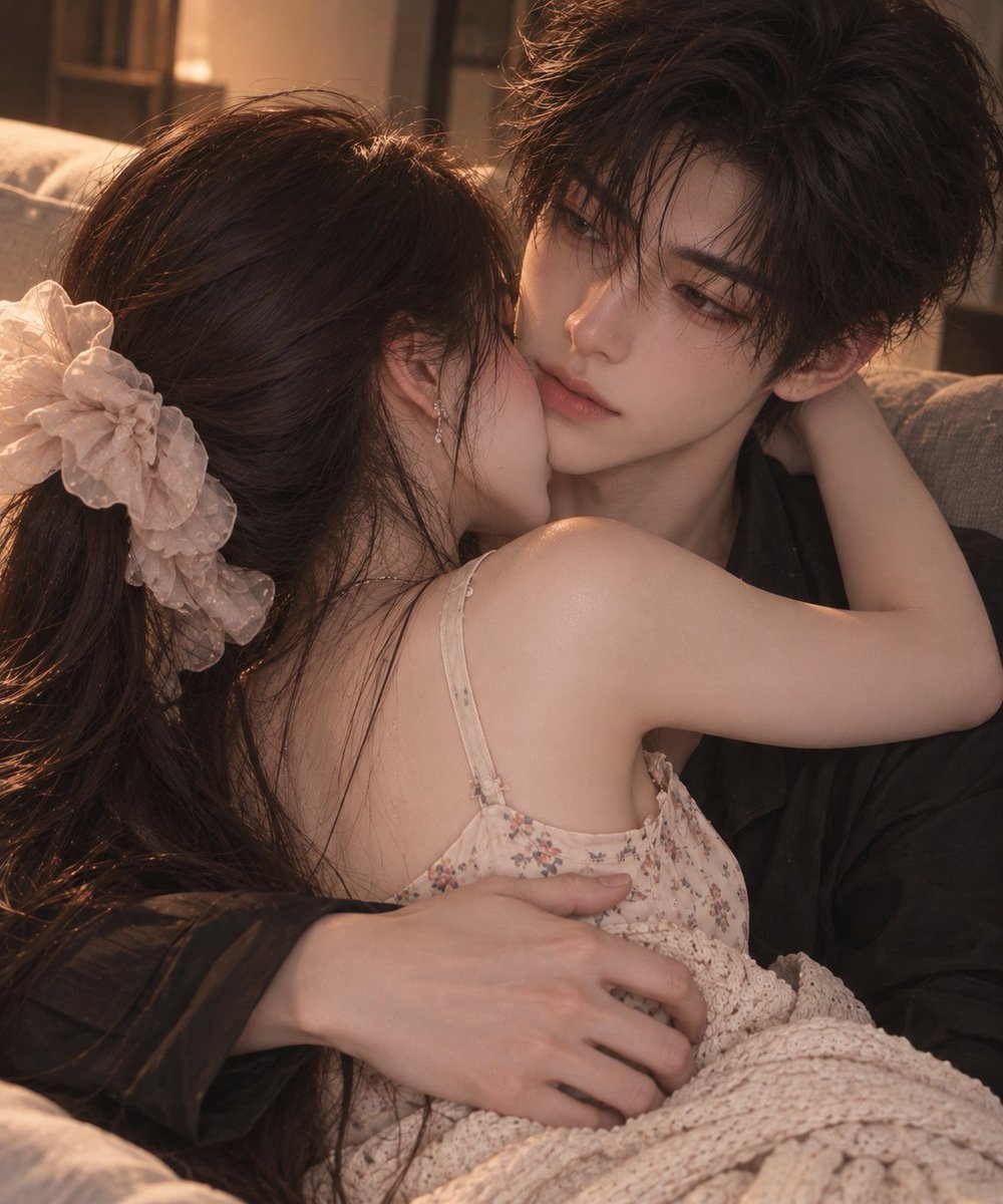 Dandanjrae's tweet photo. 晨间撒娇🐱

prompt
1男生懒洋洋靠在沙发上 女生在他的身前 两个人拥抱 女生埋在男生怀里 手臂搂着男生的脖子 脸埋在颈侧，男生伸手环抱着她。
2男生懒洋洋靠在沙发上 女生在他的身前 伸手摸男生的腹肌，表情略微害羞，男生略带微笑。一只手扶着女生的腰，另一只手揉揉她后脑勺的长发。 https://t.co/LGeN1iu5Ay