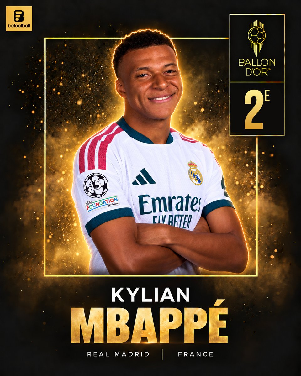 _BeFootball's tweet photo. 🚨🚨💣 OFFICIEL ! KYLIAN MBAPPÉ 🇫🇷 TERMINE 2 ÈME AU #BallonDor 2026 ! 🌕🌟

Sa saison 👇 :

👕 60 matchs
⚽ 58 buts
🎯 13 passes décisives
🥇 MEILLEUR BUTEUR Liga (𝟮𝟱 𝗯𝘂𝘁𝘀)
🥇 MEILLEUR BUTEUR Ligue des Champions (𝟭𝟱 𝗯𝘂𝘁𝘀)
🥇 MEILLEUR BUTEUR Coupe du Monde (𝟭𝟬 𝗯𝘂𝘁𝘀)
🐐 MEILLEUR BUTEUR ALL TIME en Coupe du Monde (𝟮𝟮 𝗯𝘂𝘁𝘀)
🎖️ Joueur de la saison du Real Madrid
