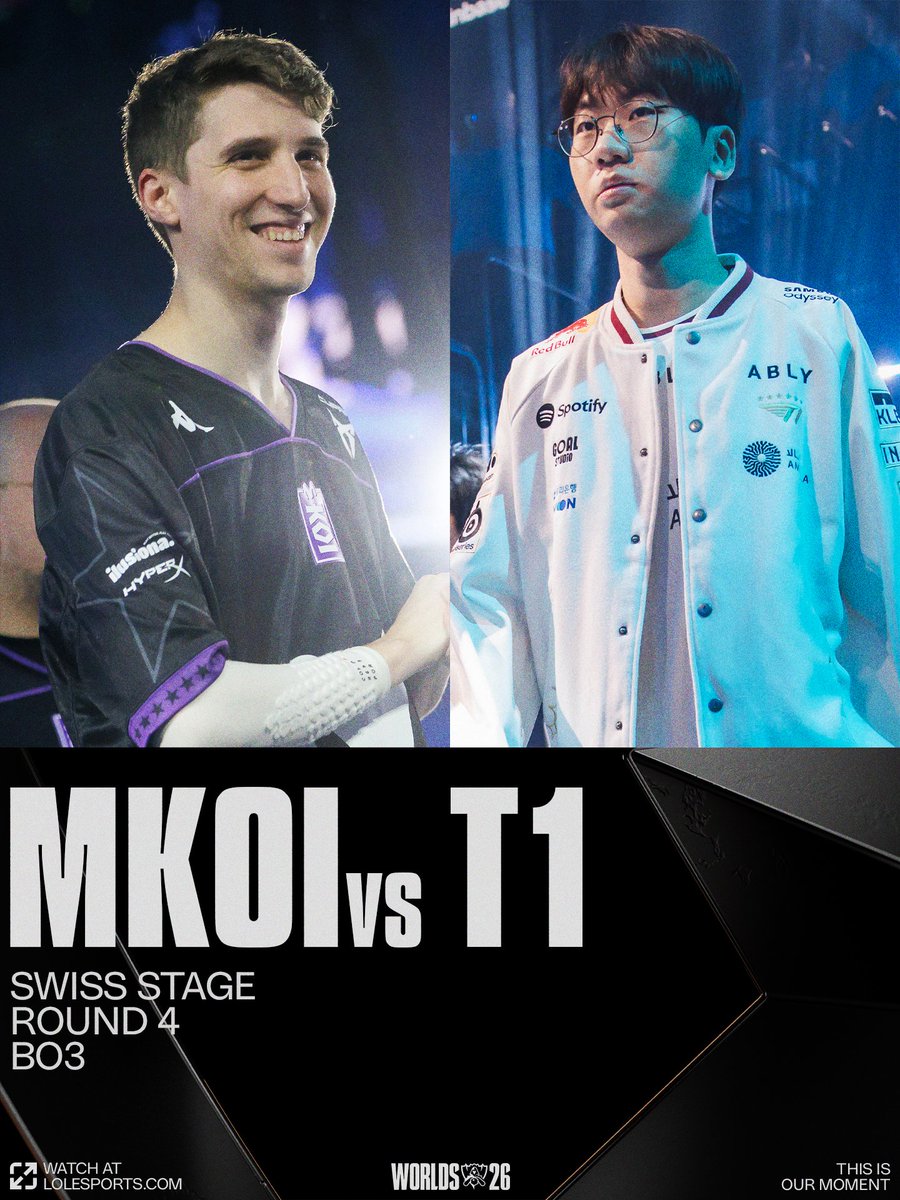 lolesports's tweet photo. #WORLDS2026 SWISS STAGE ROUND 4:

@MovistarKOILoL (2-1) versus @T1LoL (2-1)! https://t.co/nzxTkFKxC7