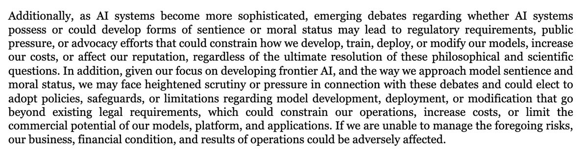 RachylJones's tweet photo. Hidden in 300 pages of Anthropic's S-1 were these 2 statements addressing model "welfare." In AI speak, that's the belief that AI models could develop consciousness or even feel pain, which could require them to be treated differently. I dug in here https://t.co/w5rLvvxdrC https://t.co/iLVA4J6eLv
