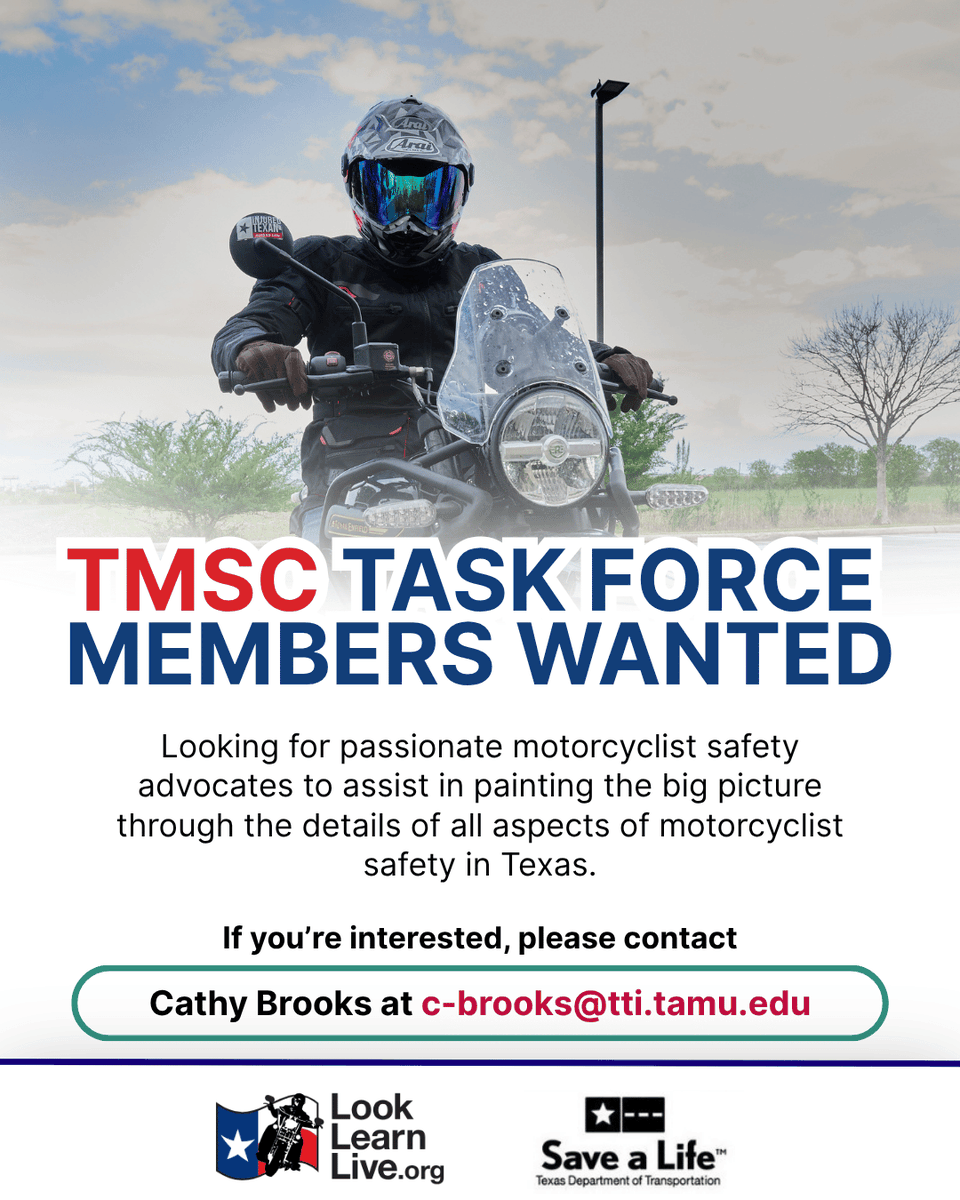 LookLearnLive's tweet photo. Join the TMSC Task Force!
We're looking for motorcycle safety advocates to help improve rider safety in Texas.
Contact Cathy Brooks at c-brooks@tti.tamu.edu to get involved. 
Learn more: https://t.co/iBeJlu11JJ https://t.co/mPEDN8JgLr