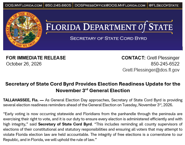 FLSecofState's tweet photo. Secretary of State @CordByrd Provides Election Readiness Update for the November 3rd General Election

“Early voting is now occurring statewide and Floridians from the panhandle through the peninsula are exercising their right to vote, and it is our duty to ensure every election is administered efficiently and with high integrity,” said Secretary of State Cord Byrd. “This includes reminding all county supervisors of elections of their constitutional and statutory responsibilities and ensuring all voters that may attempt to violate Florida election law are held accountable. The integrity of free elections is a cornerstone to our Republic, and in Florida, we will uphold the rule of law.”

More here: https://t.co/3s7UeUi0PY