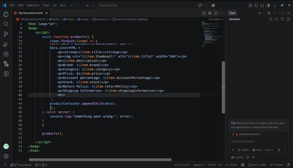 Ngusha_'s tweet photo. Day45 #100daysofcode | Day85 #200daysofcode at
@blockfuselabs
i practice Fetch using dummyjson api, had to put the function in an async and await, for each to loop through the products and then try and catch also for error handling. getting better everyday https://t.co/Usl7o92TJK