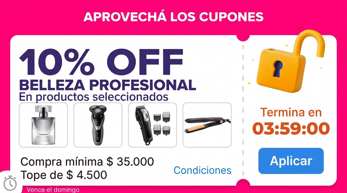Ratoneandoando's tweet photo. 🚨🔥 ¡CUPÓN 10% OFF MERCADO LIBRE EN BELLEZA PROFESIONAL! 💈

🔗 cupón aquí https://t.co/McohwHLFux

💸 10% OFF
🛒 Compra mínima: $35.000
💰 Tope de descuento: $4.500 https://t.co/vbWKbk5w4I