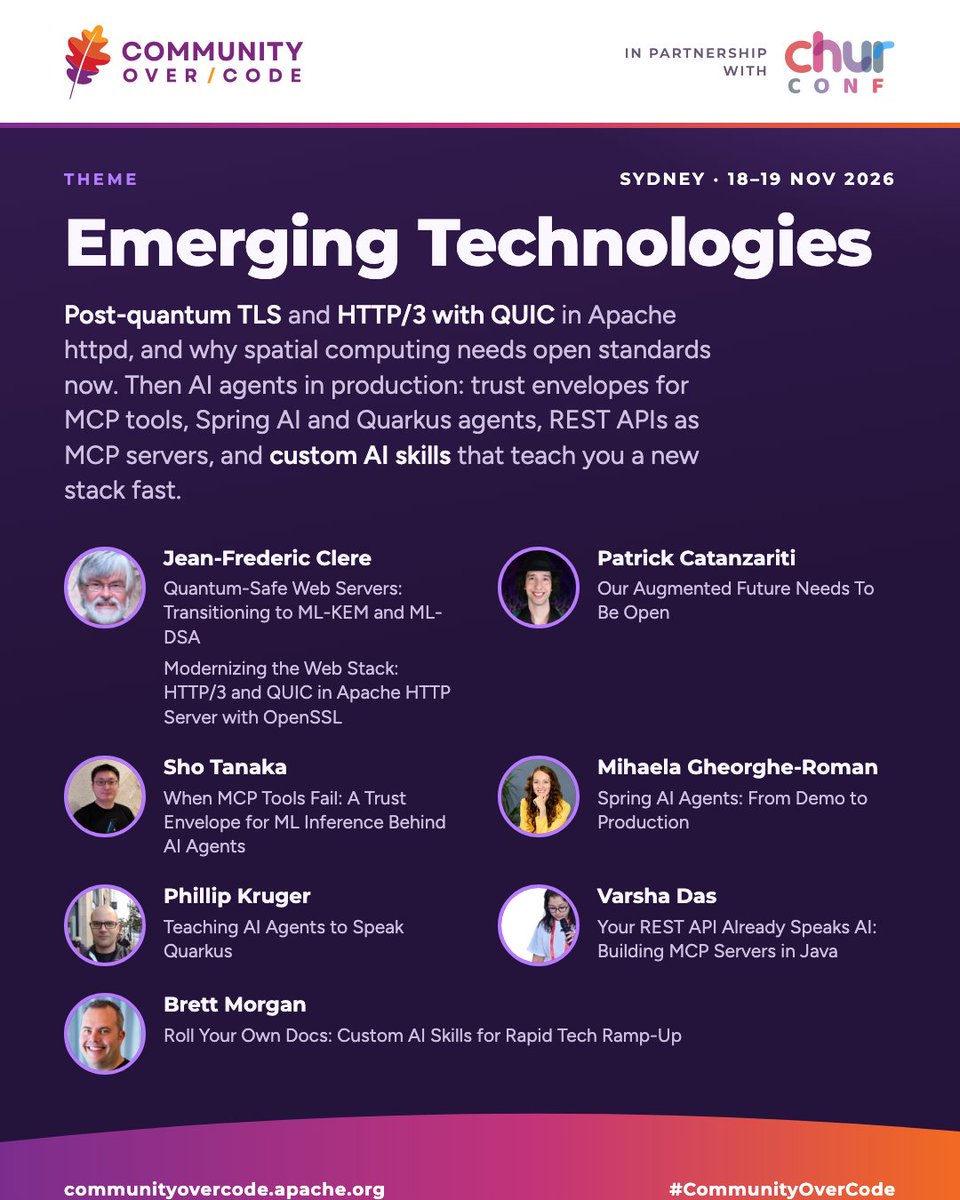 paulk_asert's tweet photo. 🚀 Emerging Technologies at CommunityOverCode/ChurConf Sydney, 18–19 Nov

Quantum-safe web servers, HTTP/3 &amp; QUIC in Apache httpd, spatial computing, &amp; AI agents done right, Spring AI, Quarkus, custom AI skills &amp; more!
https://t.co/nwhh4fRKJm
#MCP #AI @TheASF @Chur_Conf https://t.co/MyFcFykCGc