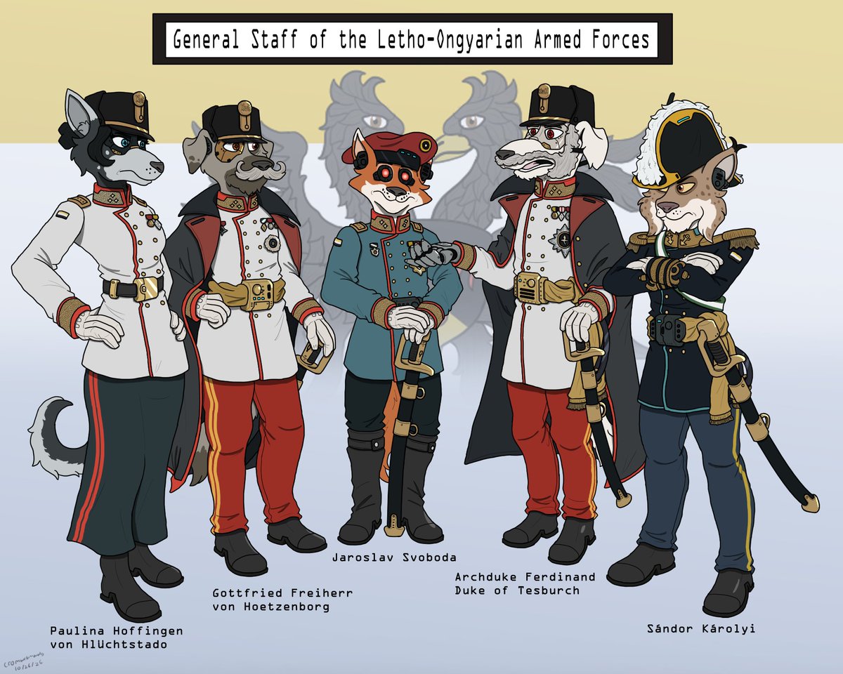 Crommwelly's tweet photo. Concepted some high ranking Lethian military officers as an excuse to design noncombat uniforms and concept cyber implants in Noverita. Occupations in comment https://t.co/SLuodkP6FE