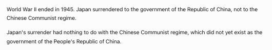 FuchRed's tweet photo. @dzvoz58421711 Learn your world history correctly.

The Chinese Communist regime established in 1949.
World War II ended in 1945.

Japan surrendered to the Republic of China, now based in Taiwan, not to the People's Republic of China (PRC), which was established in 1949.
https://t.co/hq6ecRCQBm https://t.co/7lvphqHHDF