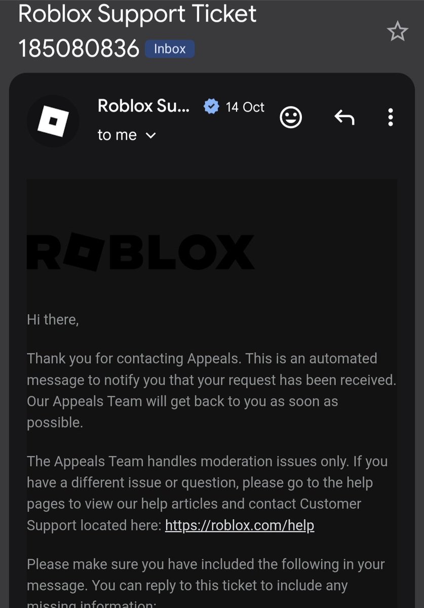 Ace_Visconti___'s tweet photo. Ok, so I've been banned for apparently "child saftey" and it's unable to allow me to actually appeal, I went to the support form but it keeps giving me the same automated response, So I'm just posting this here even though i never used this app lol @Roblox https://t.co/8W7O3L1RJk