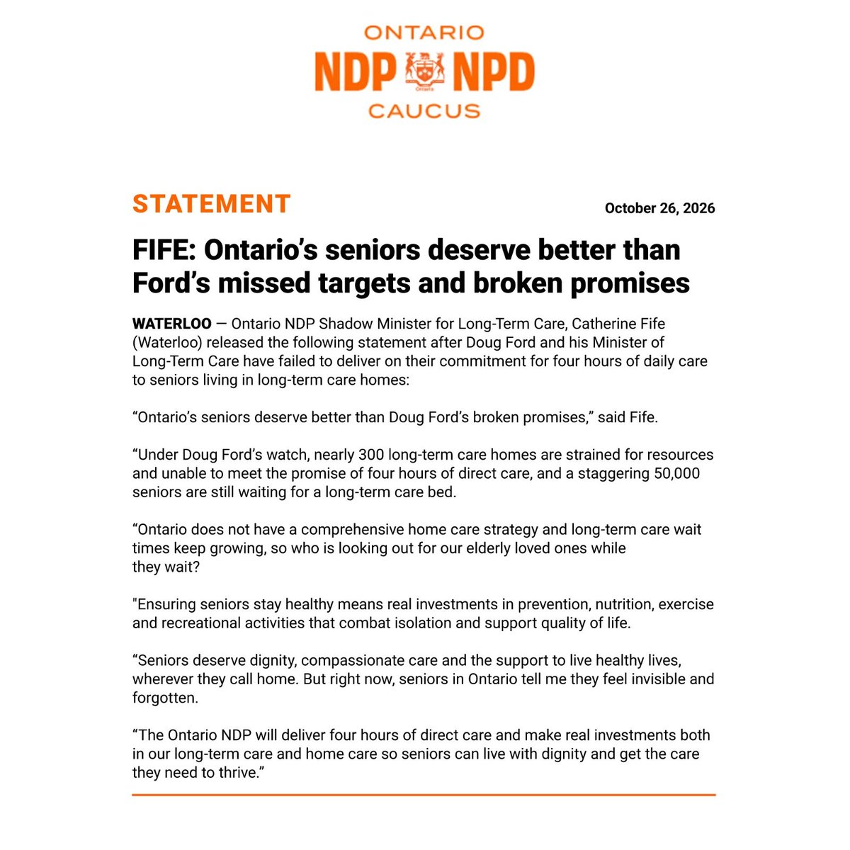 CFifeKW's tweet photo. “Seniors deserve dignity, compassionate care and the support to live healthy lives, wherever they call home. But right now, seniors in Ontario tell me they feel invisible and forgotten.” - Catherine Fife, Shadow Minister for Seniors and Long-Term Care

#onpoli https://t.co/cIuhlJ7BJv