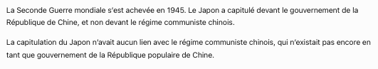 FuchRed's tweet photo. @dzvoz58421711 Le régime communiste chinois a été instauré en 1949.
La Seconde Guerre mondiale s’est terminée en 1945.
Le Japon a capitulé devant la République de Chine, dont le gouvernement est aujourd’hui basé à Taïwan, et non devant la République populaire de Chine, fondée en 1949. https://t.co/TX9bB748ps