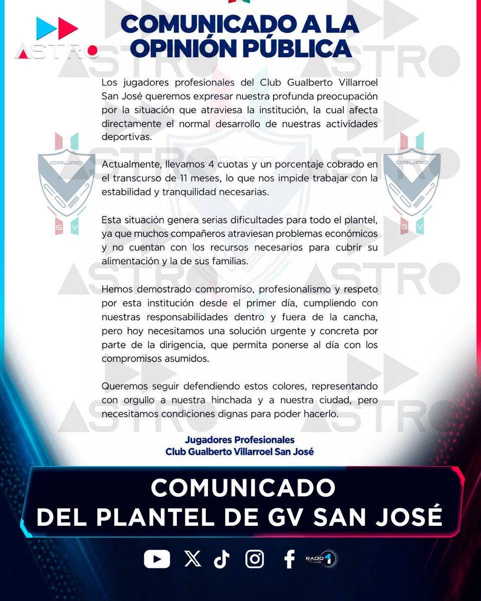 AstroMultimedio's tweet photo. Los jugadores profesionales del club #GvSanJosé emitieron un comunicado denunciando cuatro cuotas pendientes y un porcentaje adeudado durante 11 meses.
El plantel expresó su preocupación por la situación económica y pidió a la dirigencia una solución urgente de los pagos. https://t.co/YC0GtqI7gZ