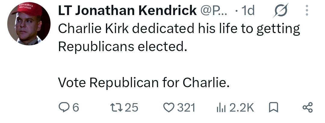 EsoShaggy's tweet photo. Saying "go to the polls for Charlie Kirk they shot him" when the Trump admin's biggest failure is NOT cracking down on the left after his death is an unpersuasive argument https://t.co/nFkigupIdJ