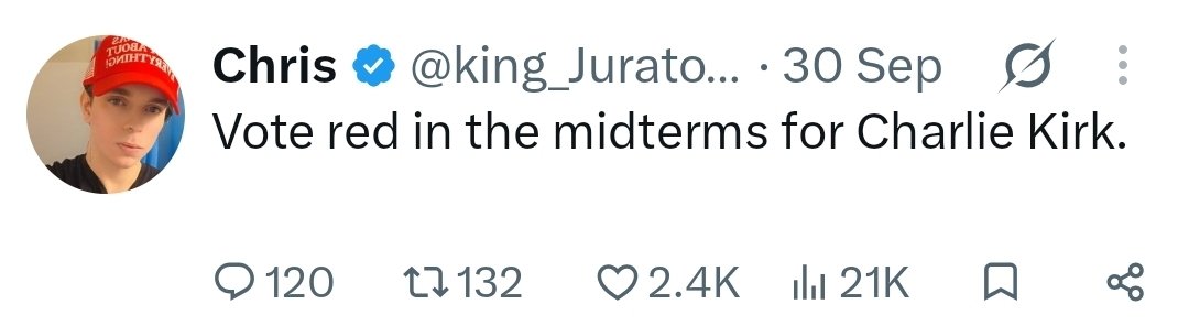 EsoShaggy's tweet photo. Saying "go to the polls for Charlie Kirk they shot him" when the Trump admin's biggest failure is NOT cracking down on the left after his death is an unpersuasive argument https://t.co/nFkigupIdJ