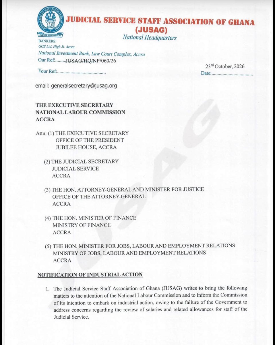 utvghana's tweet photo. The Judicial Service Staff Association of Ghana (JUSAG) has notified the National Labour Commission of its intention to embark on industrial action over delays by the government in addressing its demands for a review of salaries and related allowances for 2026

#UTVGhana https://t.co/8xa4G2DCow