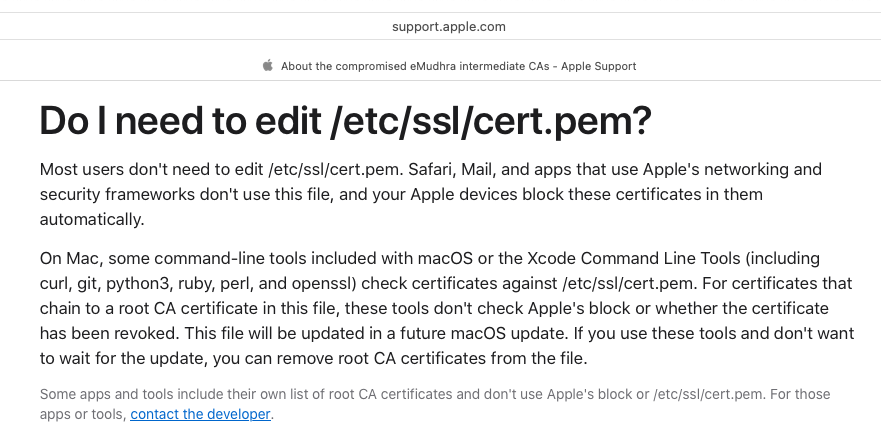 DanielcHooper's tweet photo. macOS Developers should update their /etc/ssl/cert.pem file to remove the compromised eMudhra certificate. 

Apple has directions here: https://t.co/qKOhtfHNst https://t.co/mFrm6o9rXC