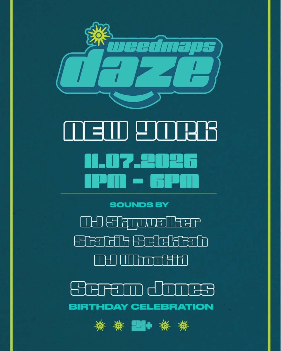 weedmaps's tweet photo. New York, we're pulling up November 7. 🔥

Weedmaps Daze brings the culture together for an afternoon of live DJ sets, good company, and brand experiences you'll want to hang around for.

🎧 On the decks: DJ SKYWALKER, STATIK SELEKTAH, DJ WHOOKID

Special Birthday Celebration for SCRAM JONES 🎂

November 7 | 1-6PM 
Pull up, vibe out. 21+