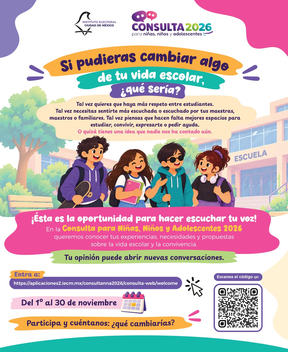 Distrito22IECM's tweet photo. 😮¿Qué cambiarías de tu entorno y de tu vida escolar? 💫Si tienes entre 10 y 17 años, . 👭Participa en #CNNA2026 y cuéntanos eso que 💭🤳piensas y aún no sabemos.
Del 1° al 30 de noviembre en 🔗 https://t.co/hfjzqO8BYc…
🗣Tu opinión, nuevas conversaciones.😊
#DD22 #exprésate https://t.co/UjwvKBPZSl