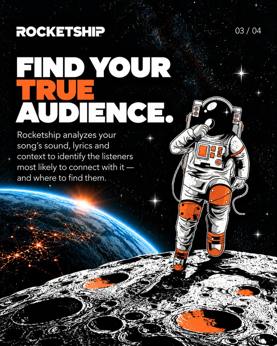 MusicRocketship's tweet photo. Great music deserves more than a chance to be heard. It deserves a strategy.

What if you could find your audience before your music even drops?

Rocketship analyzes your song to identify potential fans, discover key markets, and help you build a smarter release strategy.

Less guessing. More informed decisions. Better opportunities to connect with the right listeners.

Find your audience and take your next release further at https://t.co/TPRpVaYJQG.

#RocketshipMusic #IndependentArtists #MusicMarketing #ArtistDevelopment #MusicPromotion